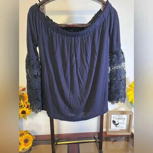 LOFT women's large navy lace bell sleeve off shoulder blouse casual stretch